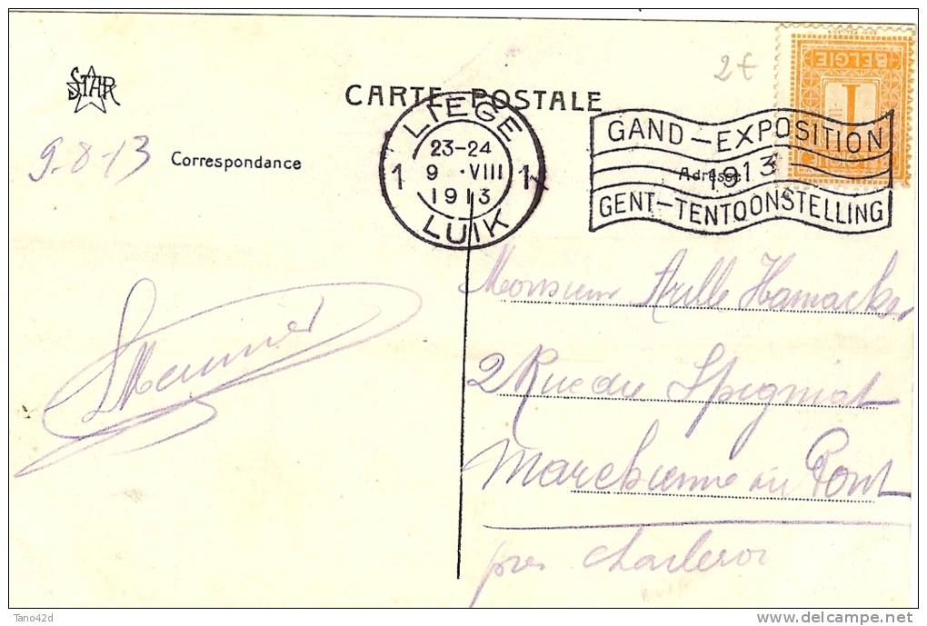 LPU5 - BELGIQUE CPA VOYAGEE LIEGE / MARCHIENNE 9/8/1913 FLAMME "GAND-EXPOSITION 1913" - Vlagstempels
