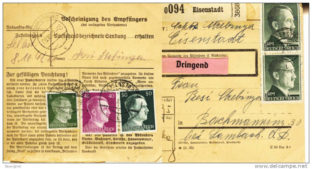 Paketkarte  Eisenstadt Mit 2,95 RM Hitler Nach Bachmanning, 1942 - Covers & Documents