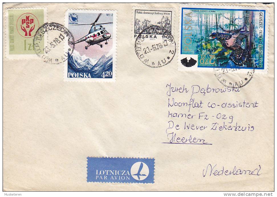 Poland Airmail Par Avion Lotnicza Label SZCZECIN 1978 Cover Brief To HAARLEM Netherlands Helicopter Vogel Bird - Ohne Zuordnung