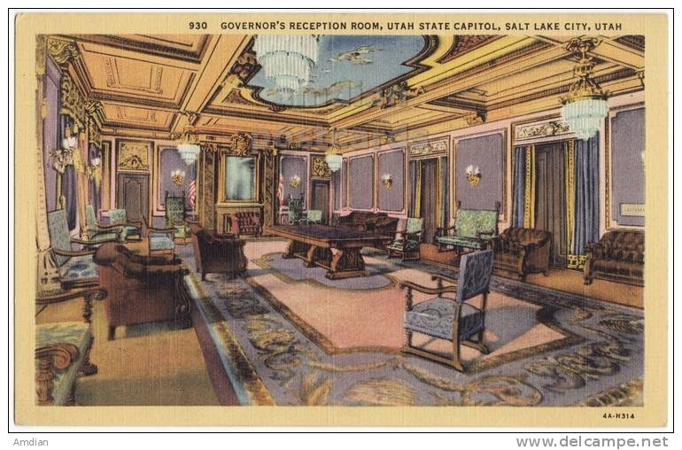 USA, SALT LAKE CITY UT, UTAH STATE CAPITOL, GOVERNOR'S RECEPTION ROOM, Vintage Unused Postcard C1940s  [c3356] - Salt Lake City