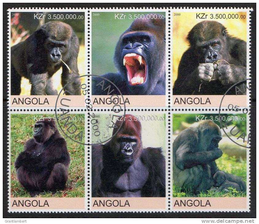 Angola 2000 Gorillas, Monkeys Block Of 6 CTO - Gorilla