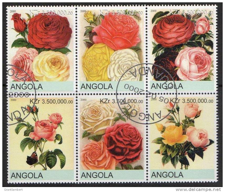 Angola 2000 Roses Block Of 6 CTO - Angola