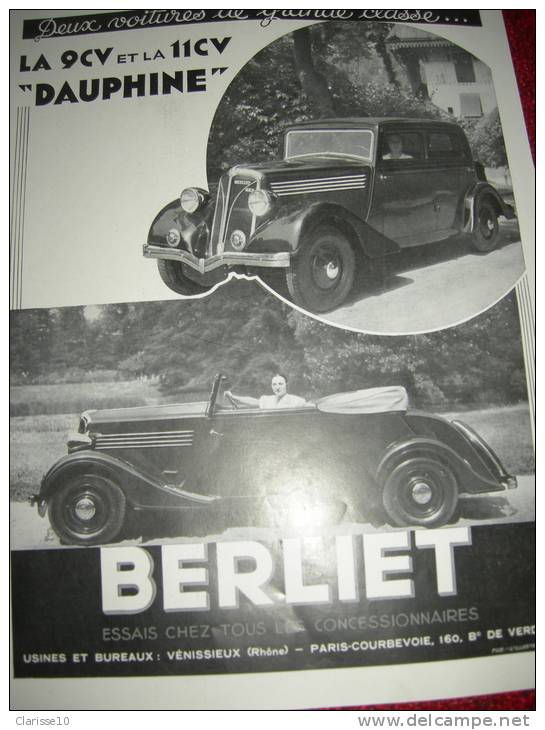 Publicite  Berliet    De L'Edition L'Illustration Octobre 1935 La 9ch Et 11 Ch Dauphine Tormat 350x250 - Advertising