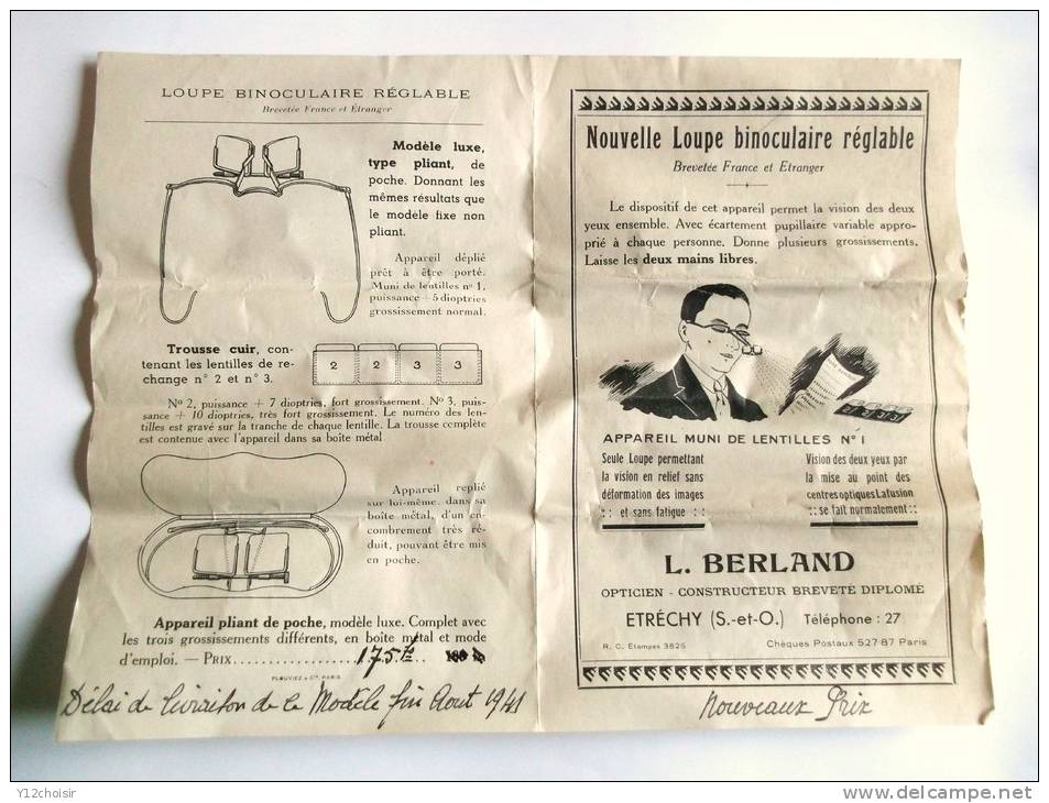 RARE LUNETTES ANCIENNES LOUPE BINOCULAIRE REGLABLE + 6 LENTILLES + BERLAND OPTICIEN ETRECHY SEINE ET OISE ESSONNE