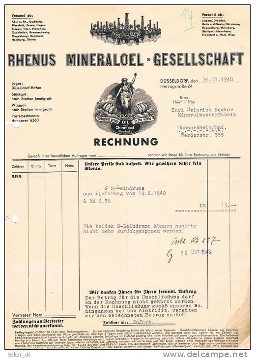 Rechnung 1948 Rhenus Mineralöl Gesellschaft Düsseldorf, Ölfördertürme, Frau Mit Fässern - 1900 – 1949