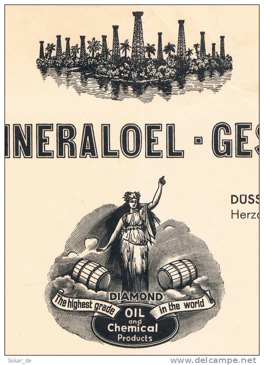 Rechnung 1948 Rhenus Mineralöl Gesellschaft Düsseldorf, Ölfördertürme, Frau Mit Fässern - 1900 – 1949