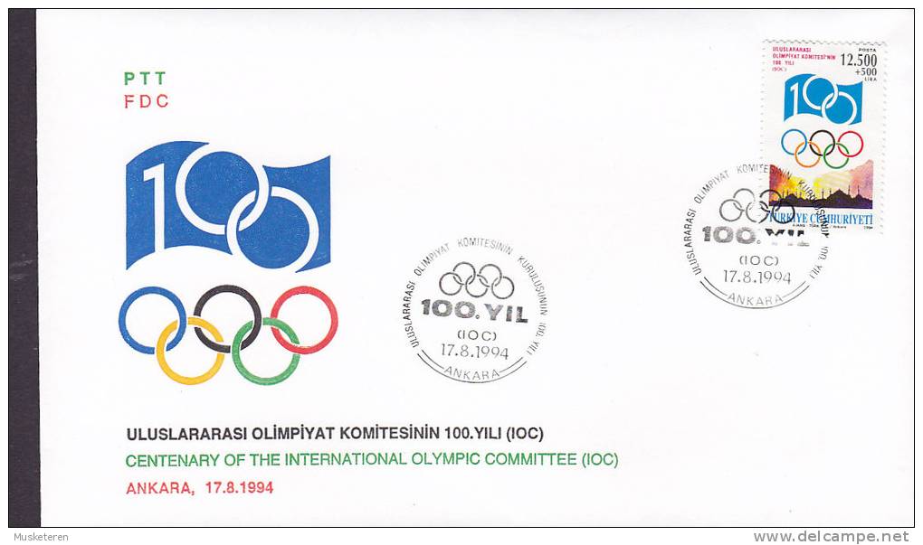 Turkey Ersttag Brief FDC Cover 1994 Internationales Olympisches Komitee (IOC) - FDC