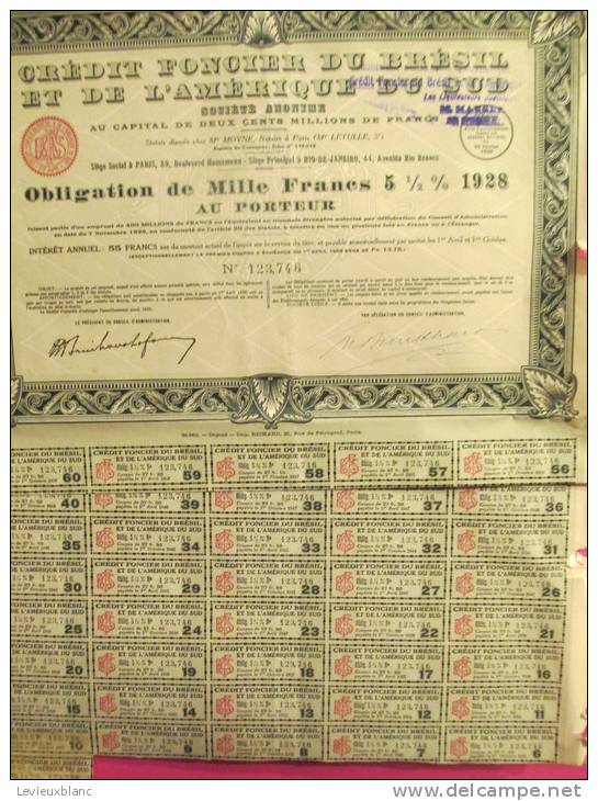 Crédit Foncier Du Brésil Et De L'Amérique Du Sud/Obligation De1 000 Frs/BRESIL/1929     ACT30 - Bank & Insurance