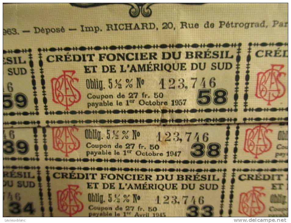 Crédit Foncier Du Brésil Et De L'Amérique Du Sud/Obligation De1 000 Frs/BRESIL/1929     ACT30 - Banca & Assicurazione