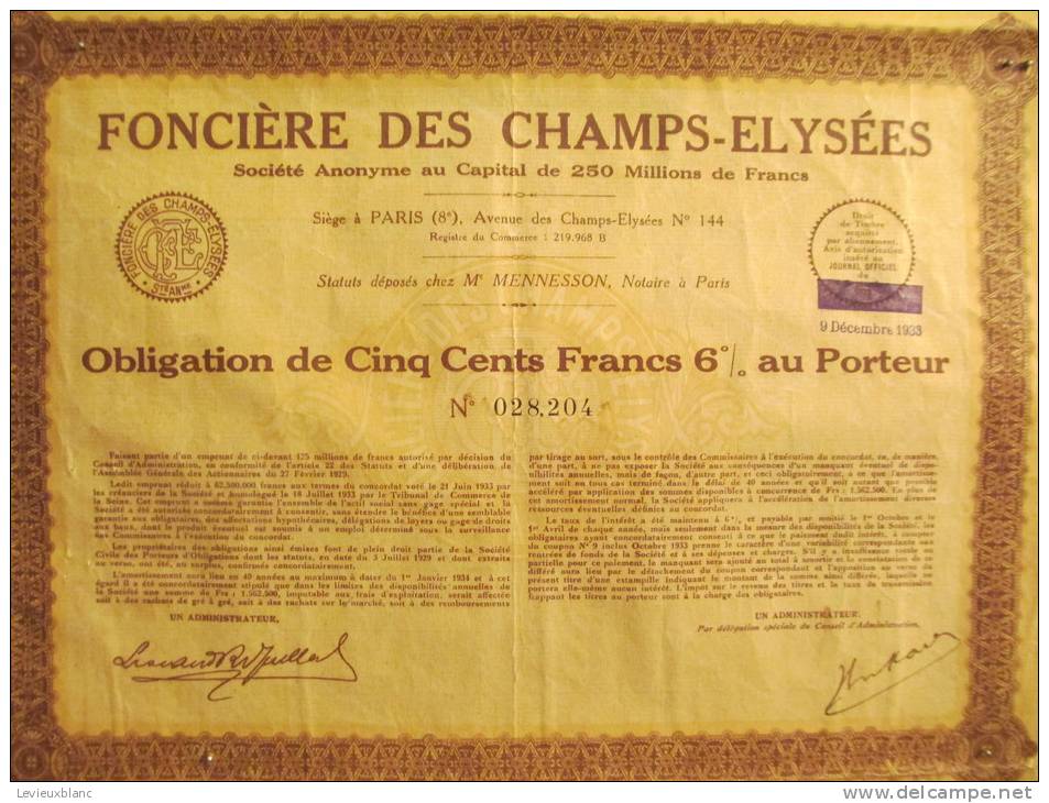 Fonciére Des Champs Elysées/ Obligation De 500 Franc S Au Porteur/1933     ACT31 - Banque & Assurance