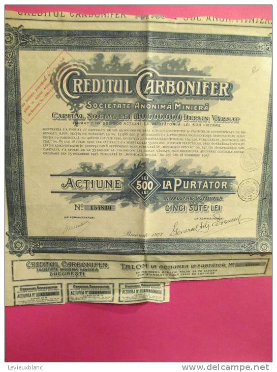 Creditul Carbonifer/Société Miniére/Action De 500 Lei Au Porteur/BUCAREST/Roumanie/1927         ACT33 - Mines