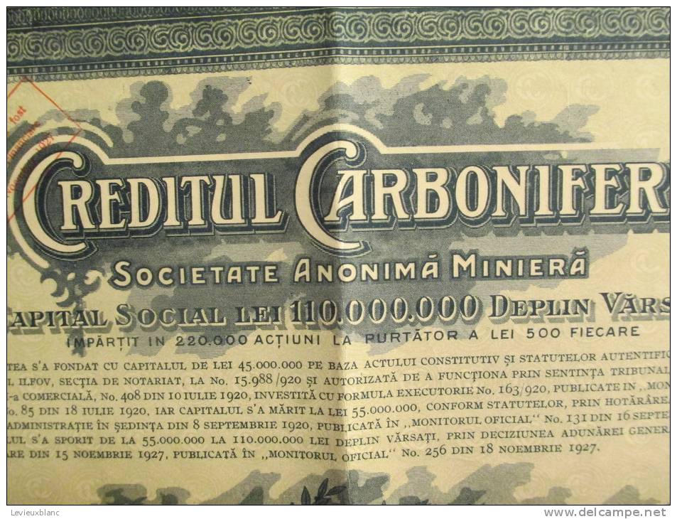 Creditul Carbonifer/Société Miniére/Action De 500 Lei Au Porteur/BUCAREST/Roumanie/1927         ACT33 - Mines