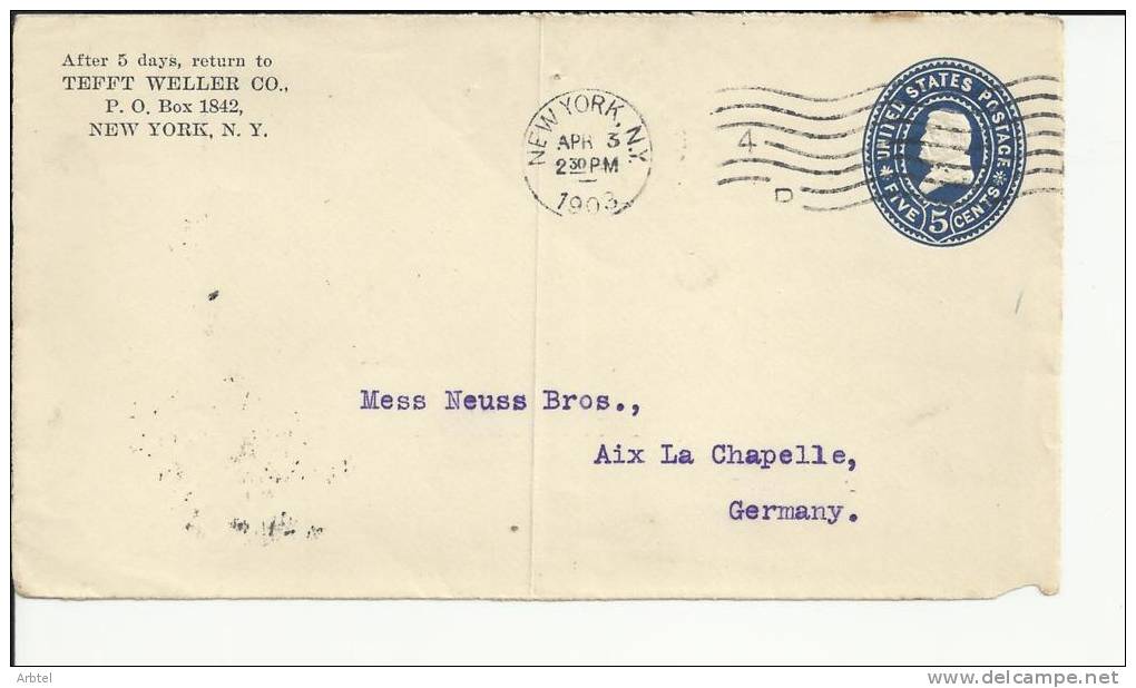 USA FRONTAL DE ENTERO POSTAL DE NEW YORK A AIX LA CHAPELLE 1903 - 1901-20