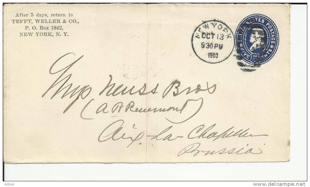 USA FRONTAL DE ENTERO POSTAL DE NEW YORK A AIX LA CHAPELLE 1900 - 1901-20