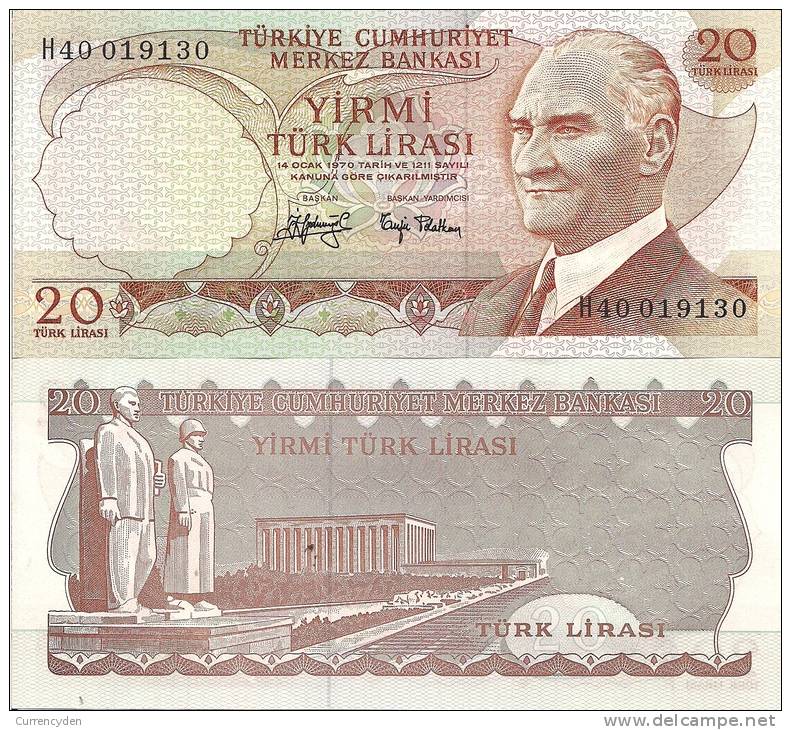 Turkey P187a, 20 Lirasi, Tower, 1970 - $5CV! - Turquie