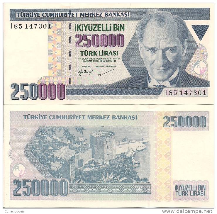 Turkey P211, 250,000 Lira, Ataturk / Kizikale Fort $3 - Turkey