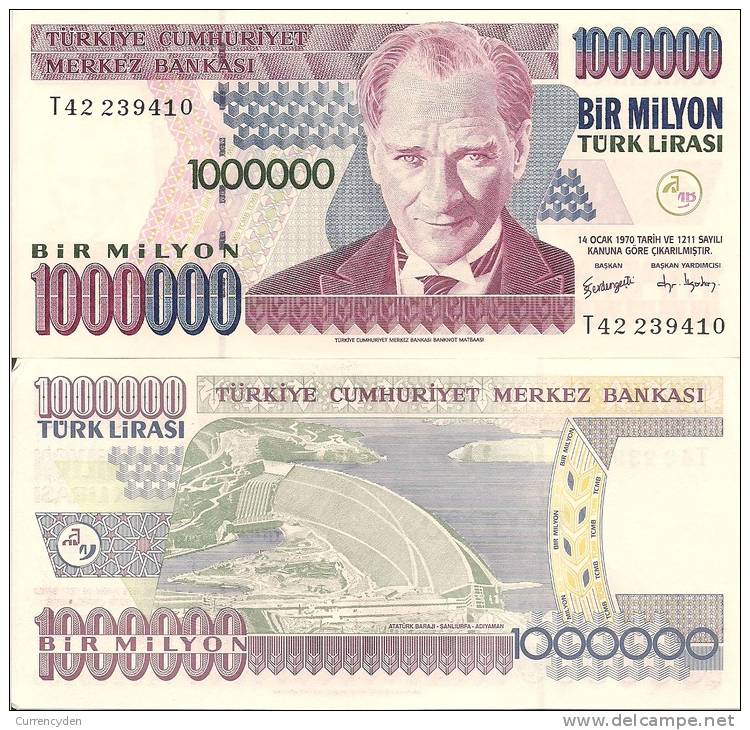 Turkey P-213, 1,000,000 Lira, Ataturk / Atatürk Dam $8CV - Turkey