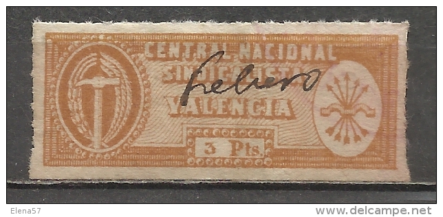 9019-SELLO FALANGE SINDICATO CNS FALANGE LOCAL VALENCIA.SPAIN  WAR.3 PESETAS.SELLO  DESCONOCIDO NO CATALOGADO FALANGE SI - Nationalist Issues