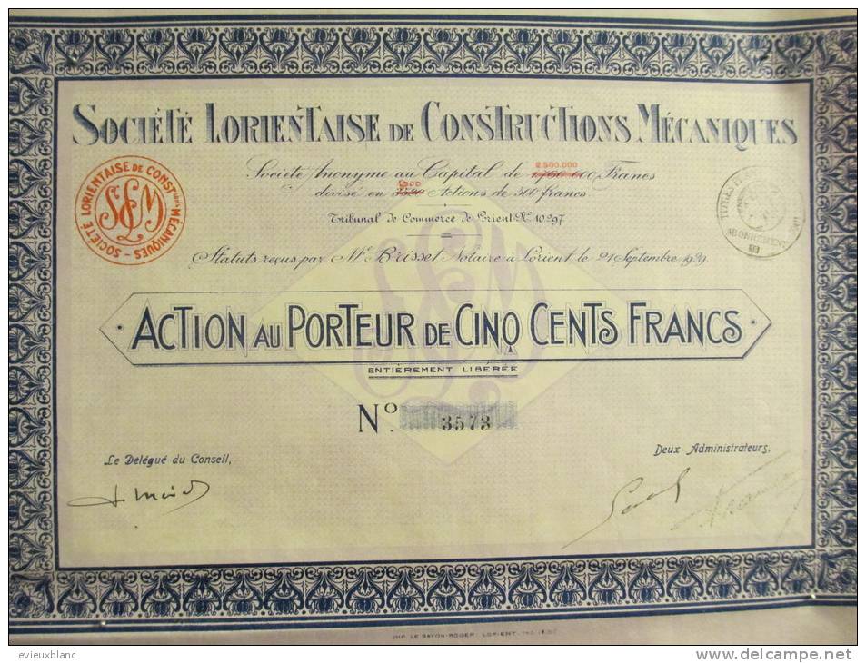 Société Lorientaise De Constructions Mécaniques/Action Au Porteur De 500 Francs/LORIENT/1929       ACT43 - Autres & Non Classés