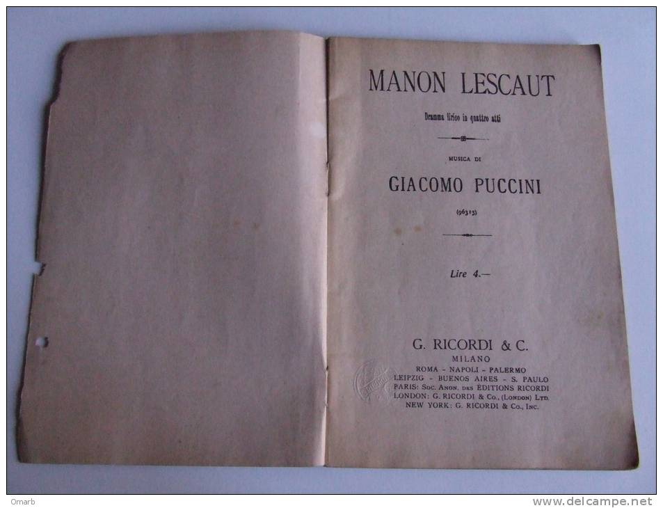 Lib139 Libretto Dramma Lirico - Manon Lescaut, Musica Puccini, Edizione Ricordi, 1933, Theatre, Teatre - Theater