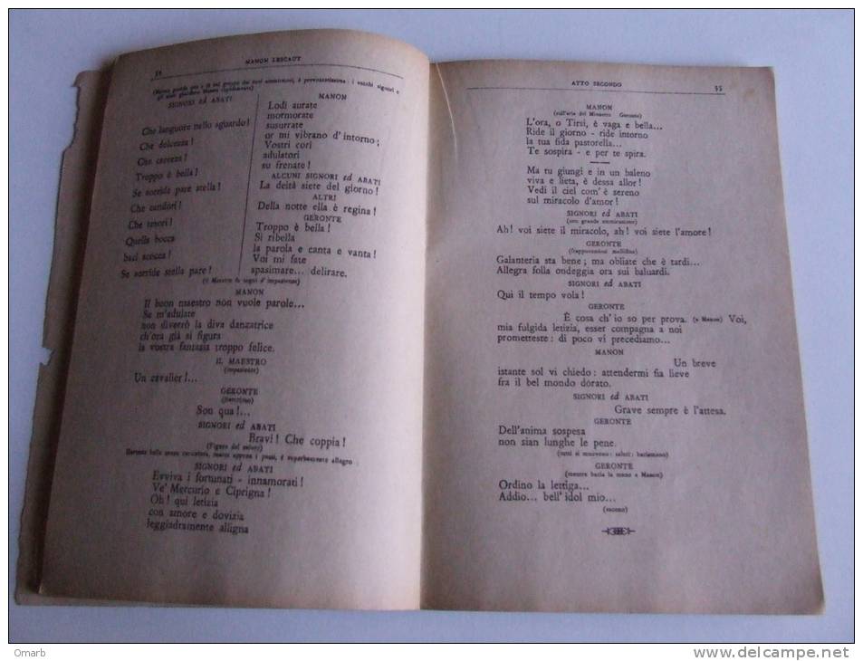 Lib139 Libretto Dramma Lirico - Manon Lescaut, Musica Puccini, Edizione Ricordi, 1933, Theatre, Teatre - Theater