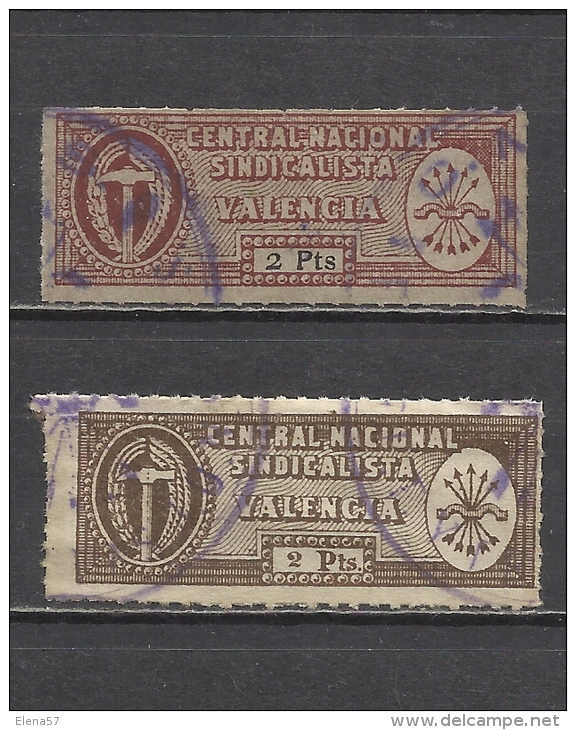 513A-SELLOS FALANGE SINDICATO CNS  LOCAL VALENCIA.SPAIN CIVIL WAR.2 PESETAS DIFERENTES CIFRAS DISTINTAS,2 CON Y SIN BOLA - Nationalistische Ausgaben