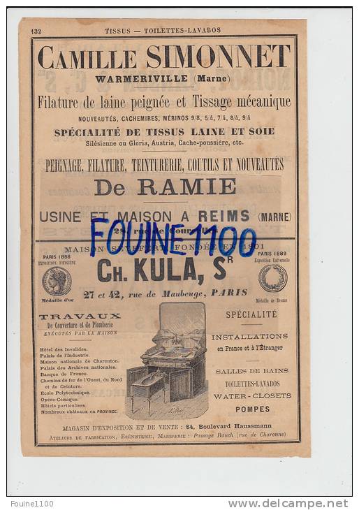 PUB 1890 Filature De Laine Simonnet WARMERIVILLE De Ramie Lavabos Seyffert Kula Tissus Noirot Janson / Grandjean à REIMS - 1800 – 1899