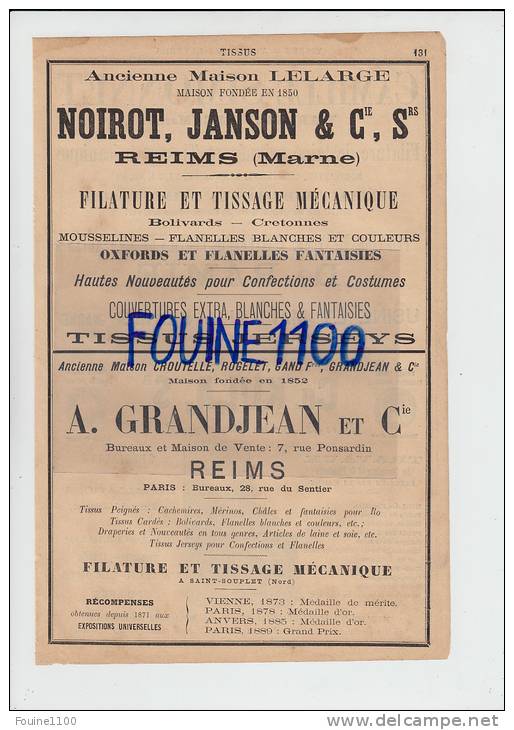 PUB 1890 Filature De Laine Simonnet WARMERIVILLE De Ramie Lavabos Seyffert Kula Tissus Noirot Janson / Grandjean à REIMS - 1800 – 1899