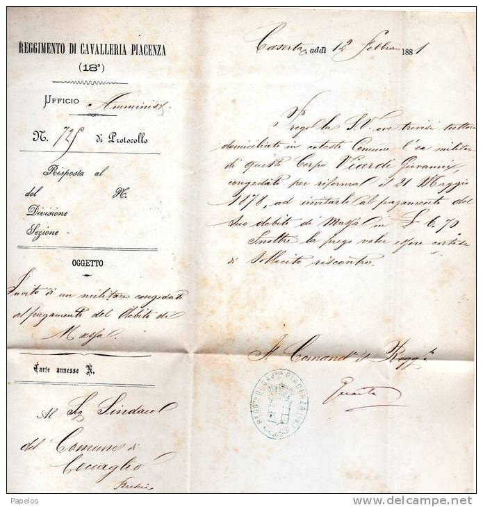 1881 LETTERA CON ANNULLO CASERTA   + 12 REGGIMENTO CAVALLERIA PIACENZA - Servizi