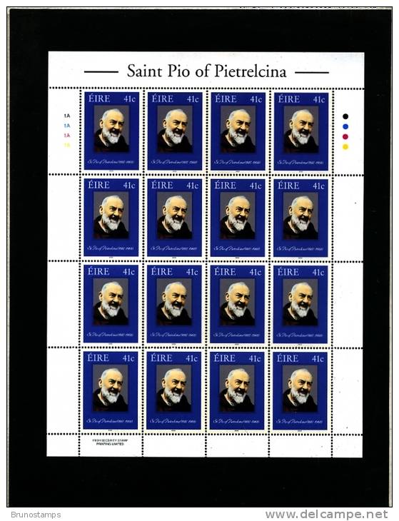 IRELAND/EIRE - 2002  SAINT PIO OF PIETRELCINA  SHEETLET  MINT NH - Blocchi & Foglietti