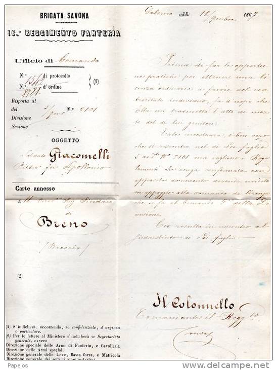 1867 LETTERA CON ANNULLO SALERNO    + 16°  REGGIMENTO FANTERIA BRIGATA SAVONA - Service