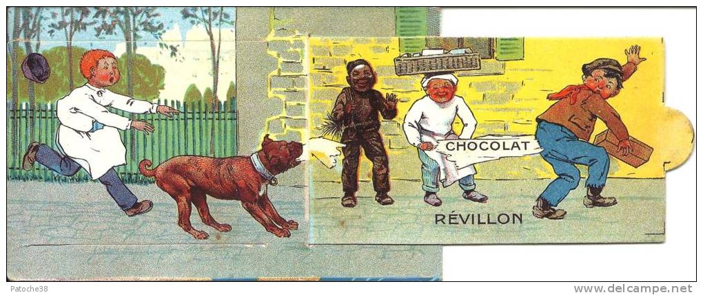 Image Publicitaire Chocolat - Chocolat REVILLON - Carte à Système - Chien Et Enfants - Chocolat