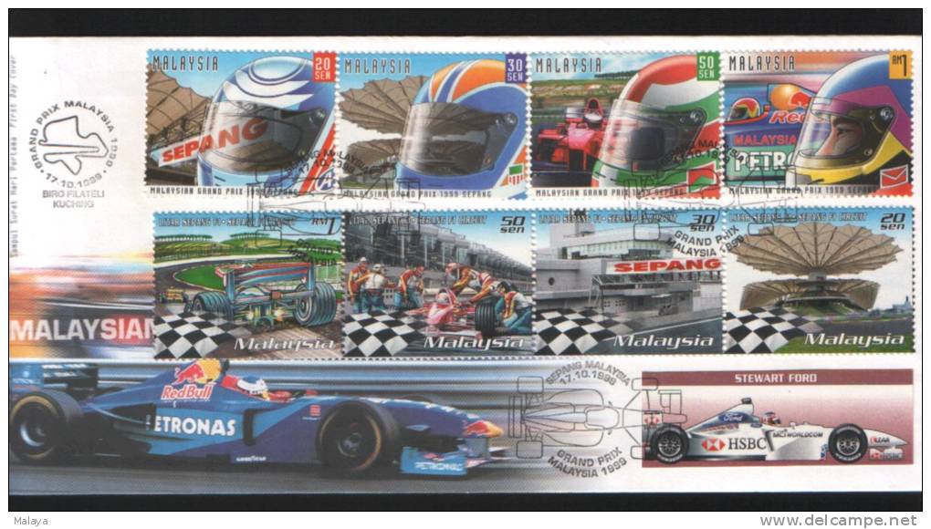 Malaysia FDC  1999 Set Grand Prix Sepang Selangor  Combo Trek &amp; Helmet - Malaysia (1964-...)