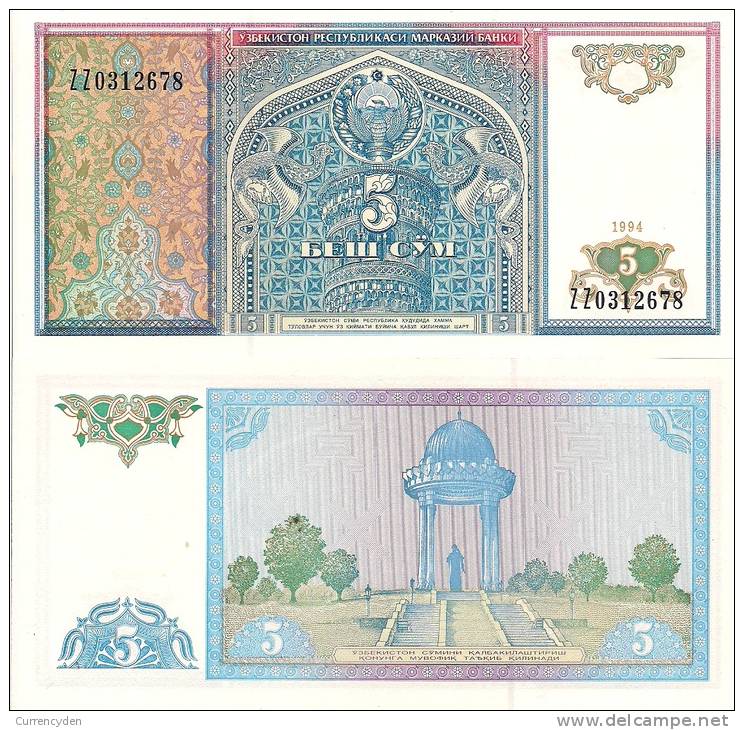 Uzbekistan P75, 5 Sum, Kiosk Ali Shir Nawai Monument, Phoenix Pretty - Usbekistan