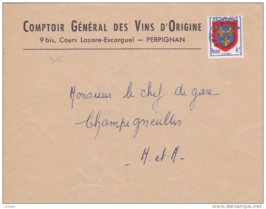 9042# PREOBLITERE N° 105 ANJOU / LETTRE VINS ORIGINE PERPIGNAN PYRENEES ORIENTALES CHAMPIGNEULLES MEURTHE CHEF DE GARE - 1953-1960