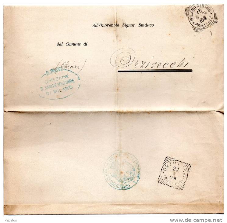 1908 LETTERA  CON ANNULLO MILANO + DIREZIONE DI SANITÀ   MILITARE - Portofreiheit