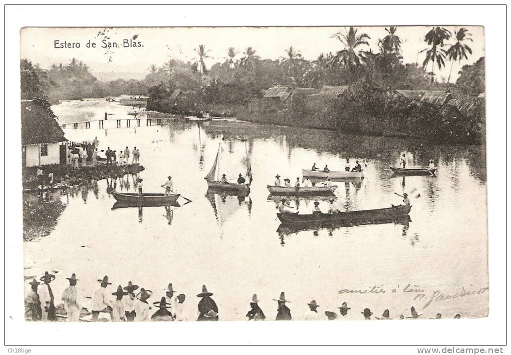 CPA : Mexique :Nuevo Laredo : Estero De San Blas : Estuaire De San Blas : Animation : Barques , Pont ... - Mexique