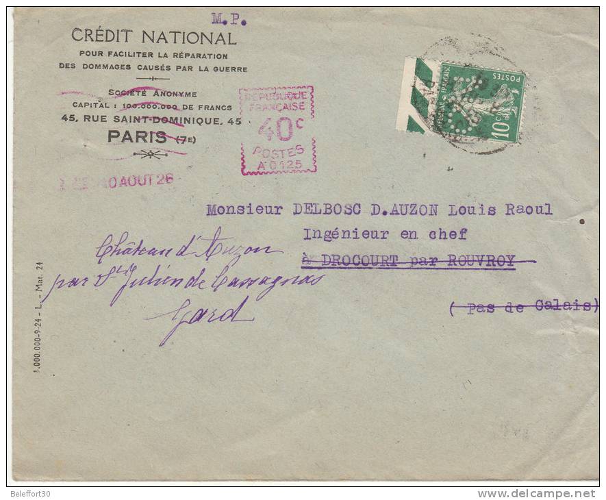 ESC Crédit National/ 10c Semeuse Perforé "CN" + EMA 40c De Paris 2bis,  2è Jour Du Tarif à 50c 1926 - 1921-1960: Période Moderne