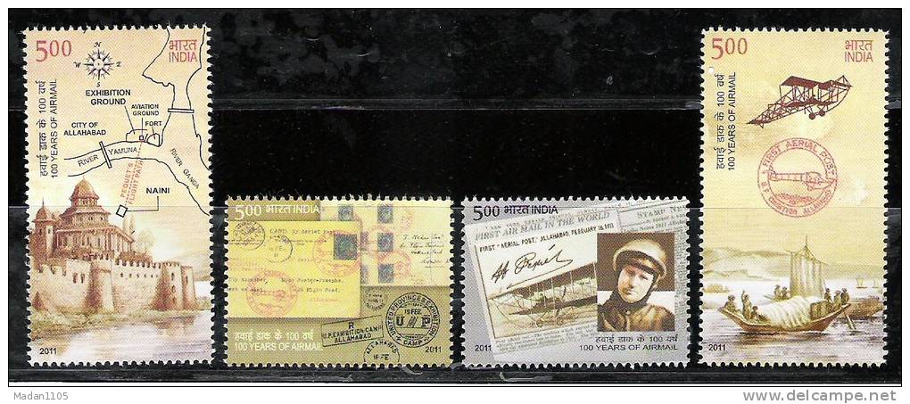 INDIA, 2011,LOT Of 10 Sets 100 Years Of Airmail Commemorating 100 Years Of Allahabad-Naini Flight, Set 4 V, MNH, (**) - Neufs