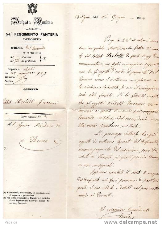 1864  LETTERA  CON ANNULLO FOLIGNO  +  BRENO   BRESCIA  + 54° REGGIMENTO FANTERIA - Storia Postale