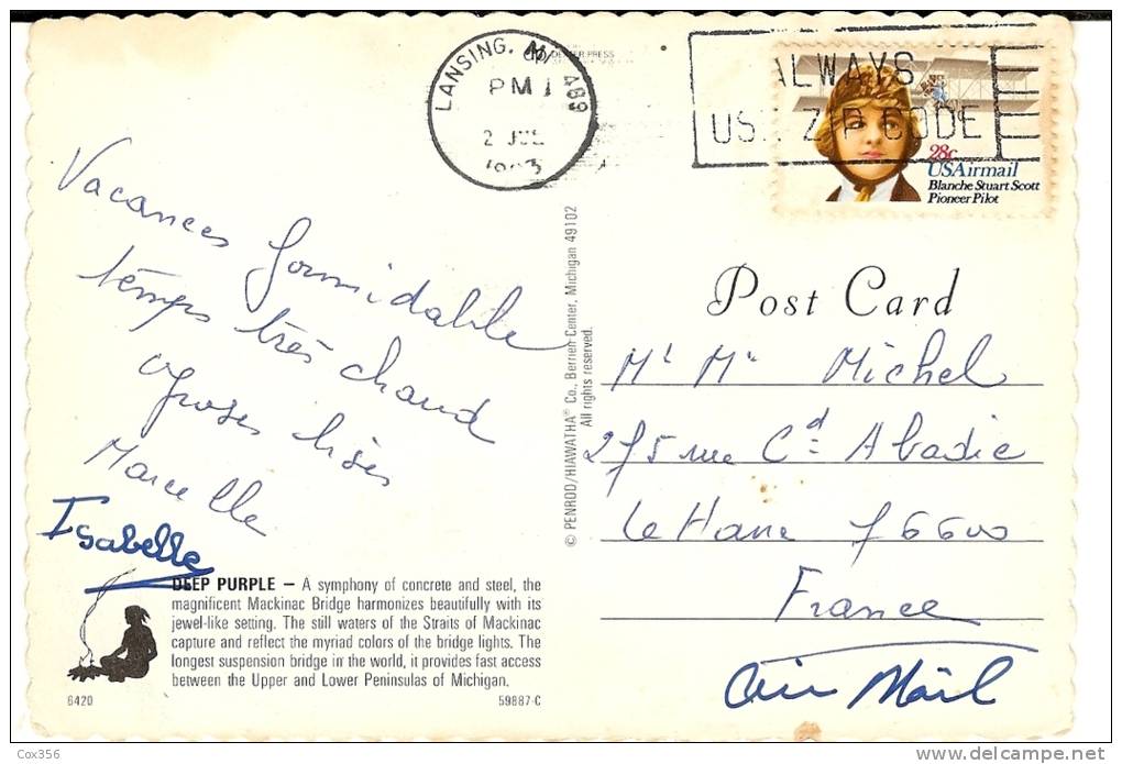 CPSM ETATS UNIS  MACKINAC BRIDGE DEEP PURPLE Cachet Postal LANSING MI 489 - Detroit