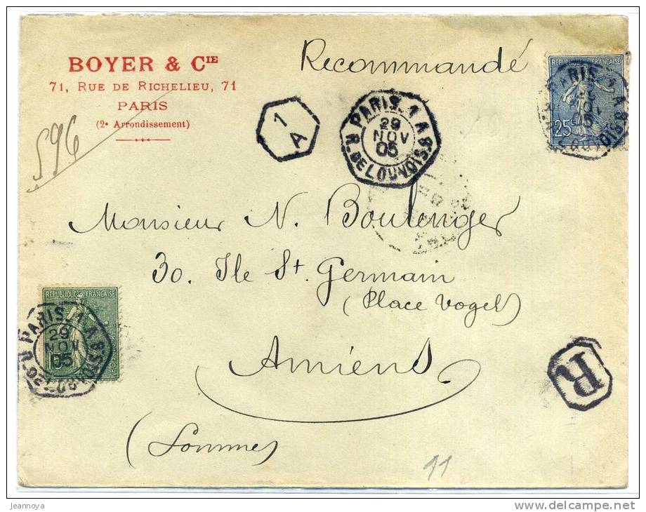 FRANCE - SEMEUSE LIGNÉE - N° 132 + 130 / LR DE PARIS 1 A LE 29/11/1905 - TB - Storia Postale