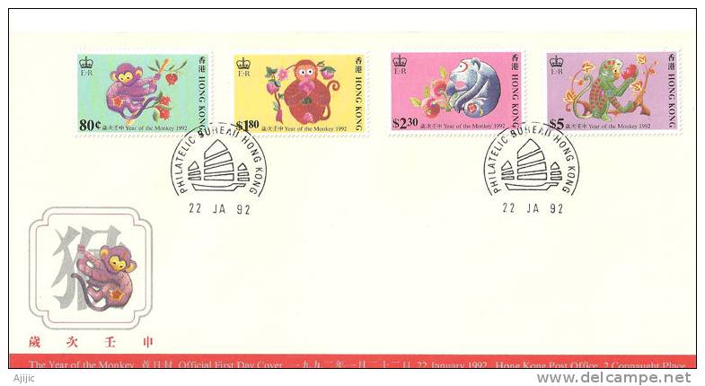 HONG-KONG. Annee Du Singe (1992) Yv.670/73. FDC - Nouvel An Chinois