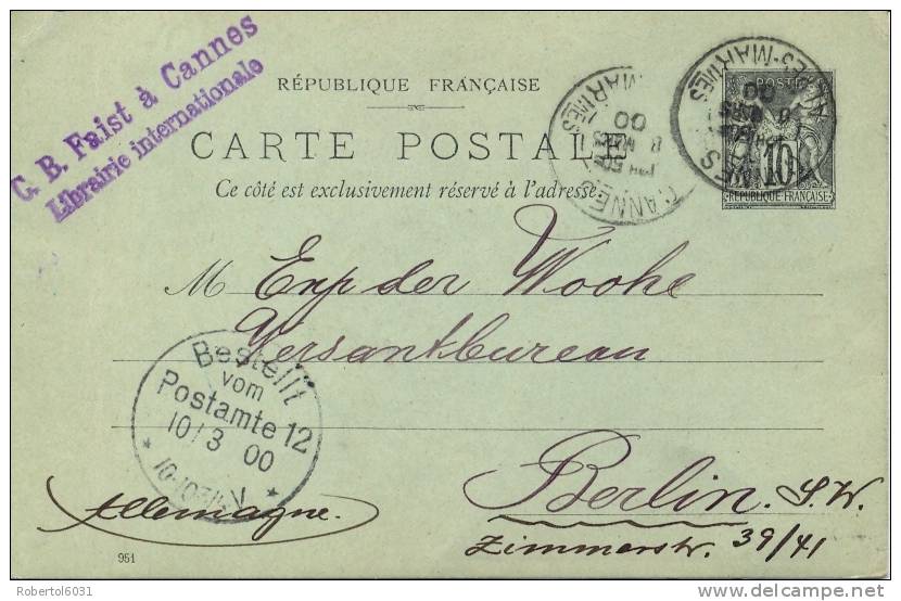 France 1900 Postal Stationery Postcard 10 C. From Cannes To Berlin (Germany) - 1877-1920: Semi Modern Period