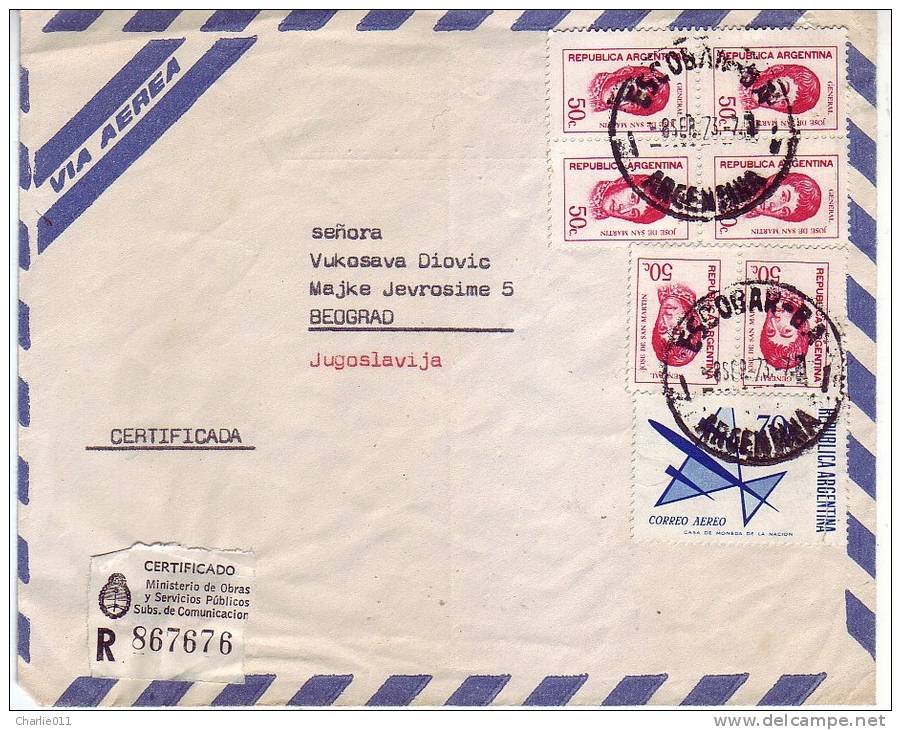 ARGENTINA-YUGOSLAVIA-AIRMAIL-COVER-REGISTERED-POSTMARK-ESCOBAR-ARGENTINA-1973 - Poste Aérienne