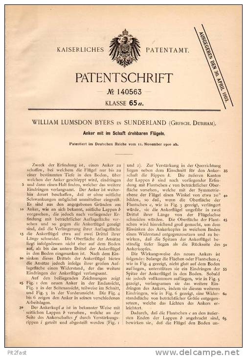 Original Patentschrift - W. Byers In Sunderland , Durham , 1900 , Anker Für Schiffe , Schiff , Ship !!! - Autres & Non Classés