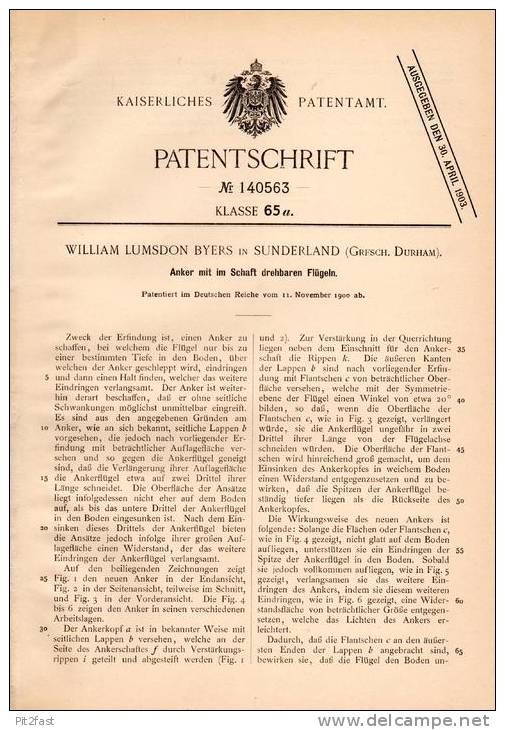 Original Patentschrift - W. Byers In Sunderland , Durham , 1900 , Anker Für Schiffe , Schiff , Ship !!! - Other & Unclassified