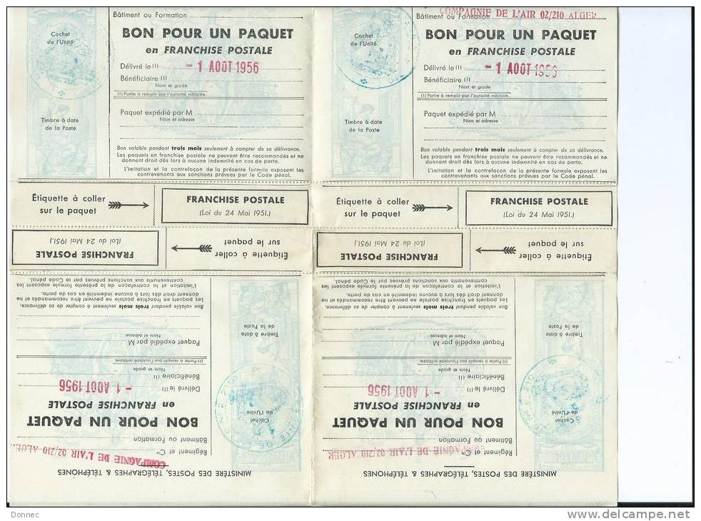 4 BONS PAQUET FRANCHISE POSTALE N°14a ATTACHES CACHET COMPAGNIE DE L'AIR 02/210 ALGER 1956 - Military Postage Stamps