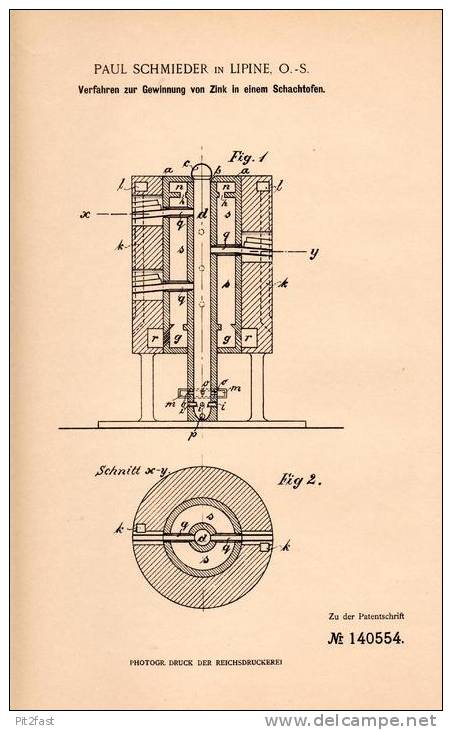 Original Patentschrift - P. Schmieder In Lipine / Lipiny O.-S.,1902, Gewinnung Von Zink Aus Ofen , &#346;wi&#281;toch - Historische Dokumente