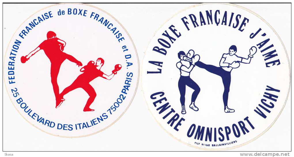 2 Autocollants - Sticker Boxe Française - Savate, FFBF Et Vichy, Ø 100 Et 110mm, Années 1980 - Autres & Non Classés